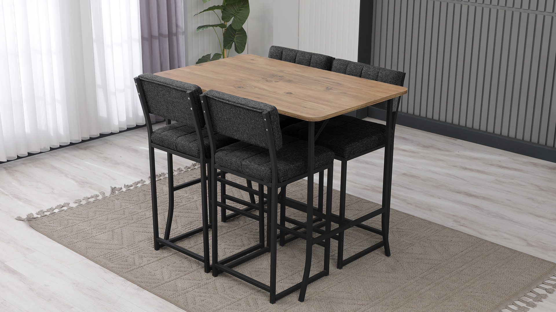 Retro Ada Bar Mutfak Masa Takımı 4 Sandalye Keten Kumaş Füme 1 Masa Ceviz