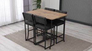 Retro Ada Bar Mutfak Masa Takımı 4 Sandalye Keten Kumaş Füme 1 Masa Ceviz