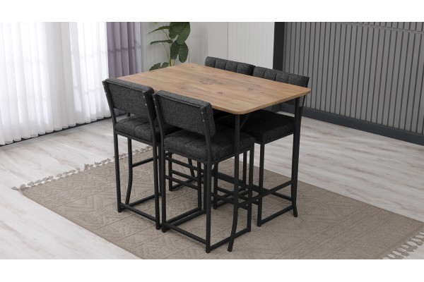 Retro Bar Masa Sandalye Takımı, 4 Sandalye 1  Sabit Masa  110x70 Cm, Keten Kumaş Füme