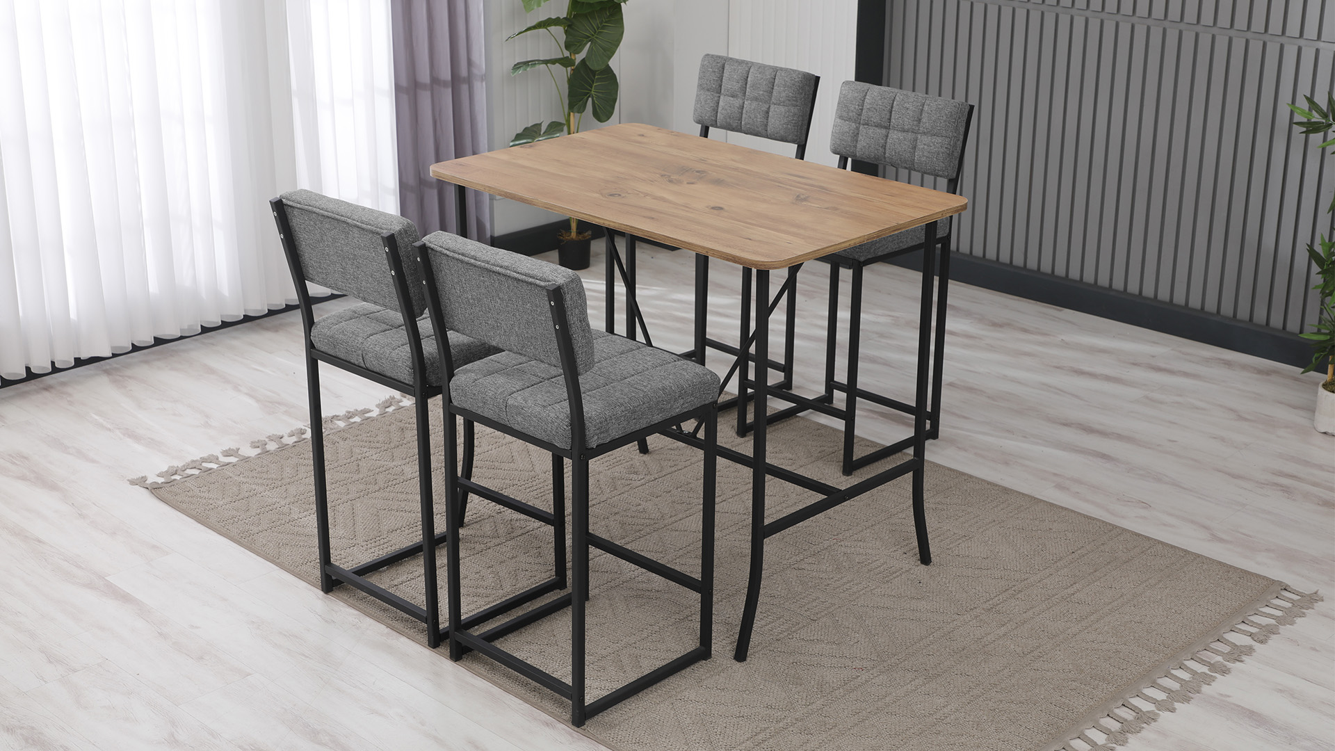 Retro Ada Bar Mutfak Masa Takımı 4 Sandalye Keten Kumaş Gri 1 Masa Ceviz