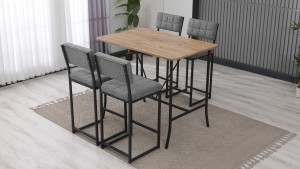 Retro Ada Bar Mutfak Masa Takımı 4 Sandalye Keten Kumaş Gri 1 Masa Ceviz