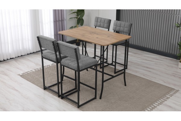 Retro Bar Masa Sandalye Takımı, 4 Sandalye 1  Sabit Masa  110x70 Cm, Keten Kumaş Gri