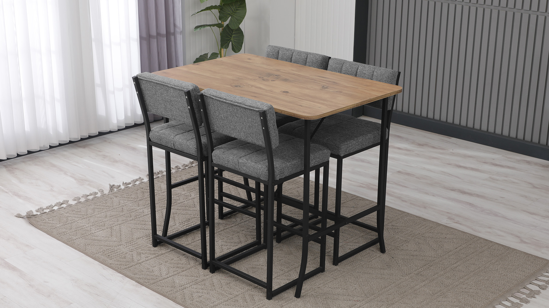 Retro Ada Bar Mutfak Masa Takımı 4 Sandalye Keten Kumaş Gri 1 Masa Ceviz