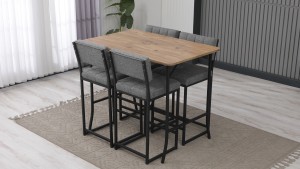 Retro Ada Bar Mutfak Masa Takımı 4 Sandalye Keten Kumaş Gri 1 Masa Ceviz