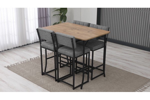 Retro Bar Masa Sandalye Takımı, 4 Sandalye 1  Sabit Masa  110x70 Cm, Keten Kumaş Gri
