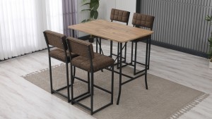 Retro Ada Bar Mutfak Masa Takımı 4 Sandalye Keten Kumaş Kahve 1 Masa Ceviz