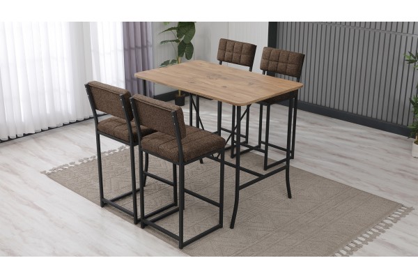 Retro Bar Masa Sandalye Takımı, 4 Sandalye 1  Sabit Masa  110x70 Cm, Keten Kumaş Kahve