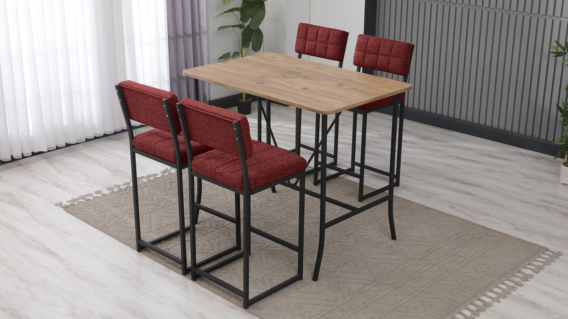 Retro Ada Bar Mutfak Masa Takımı 4 Sandalye Keten Kumaş Bordo 1 Masa Ceviz