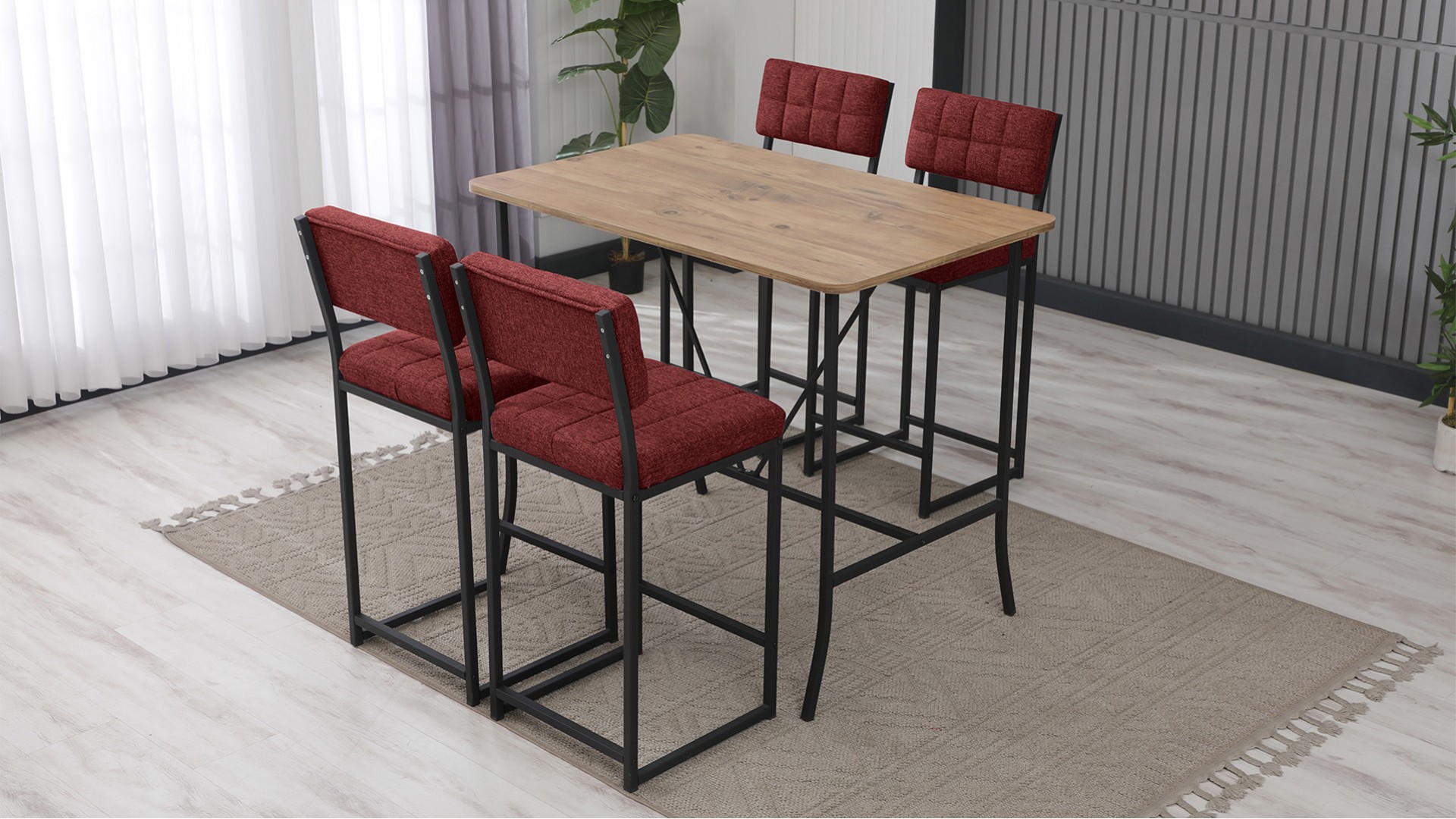 Retro Bar 4 sandalyeli 110x70 cm Bordo mutfak masa takımı