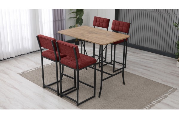 Retro Bar Masa Sandalye Takımı, 4 Sandalye 1  Sabit Masa  110x70 Cm, Keten Kumaş Bordo