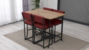 Retro Ada Bar Mutfak Masa Takımı 4 Sandalye Keten Kumaş Bordo 1 Masa Ceviz