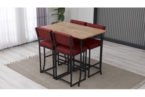 Retro Bar Masa Sandalye Takımı, 4 Sandalye 1  Sabit Masa  110x70 Cm, Keten Kumaş Bordo