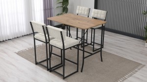 Retro Ada Bar Mutfak Masa Takımı 4 Sandalye Keten Kumaş Krem 1 Masa Ceviz