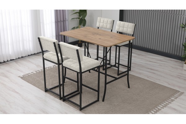 Retro Bar Masa Sandalye Takımı, 4 Sandalye 1  Sabit Masa  110x70 Cm, Keten Kumaş Krem