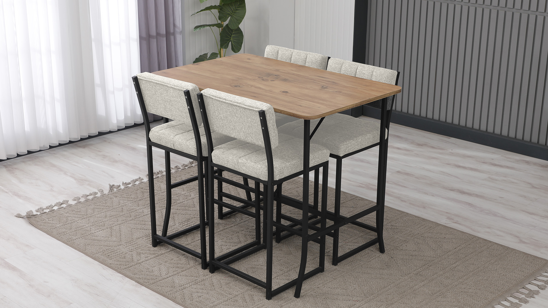 Retro Ada Bar Mutfak Masa Takımı 4 Sandalye Keten Kumaş Krem 1 Masa Ceviz