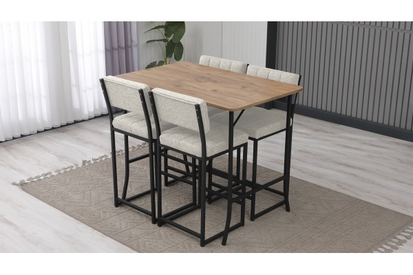 Retro Bar Masa Sandalye Takımı, 4 Sandalye 1  Sabit Masa  110x70 Cm, Keten Kumaş Krem