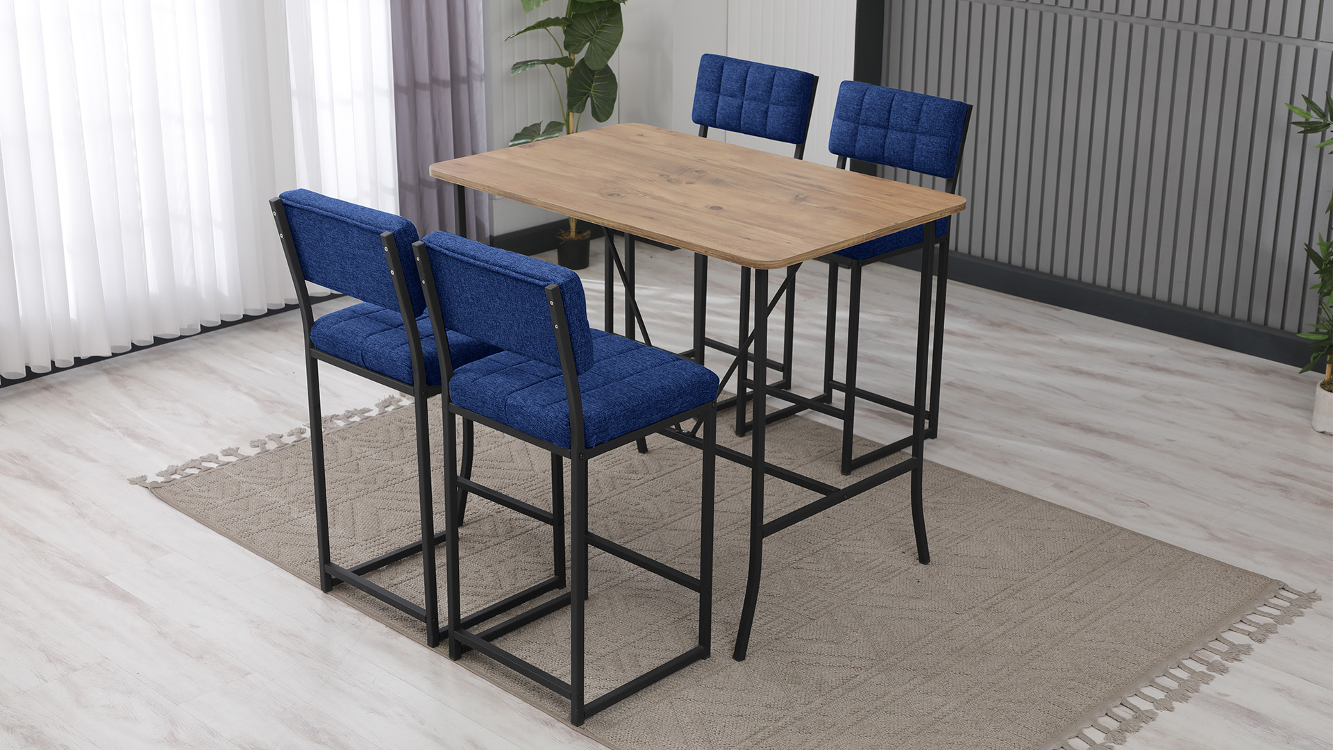 Retro Ada Bar Mutfak Masa Takımı 4 Sandalye Keten Kumaş Lacivert 1 Masa Ceviz