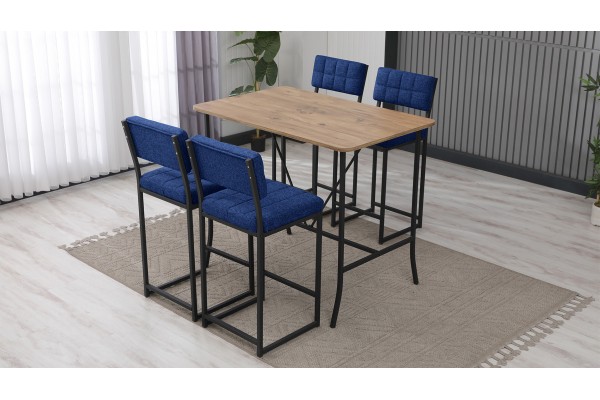 Retro Bar Masa Sandalye Takımı, 4 Sandalye 1  Sabit Masa  110x70 Cm, Keten Kumaş Lacivert