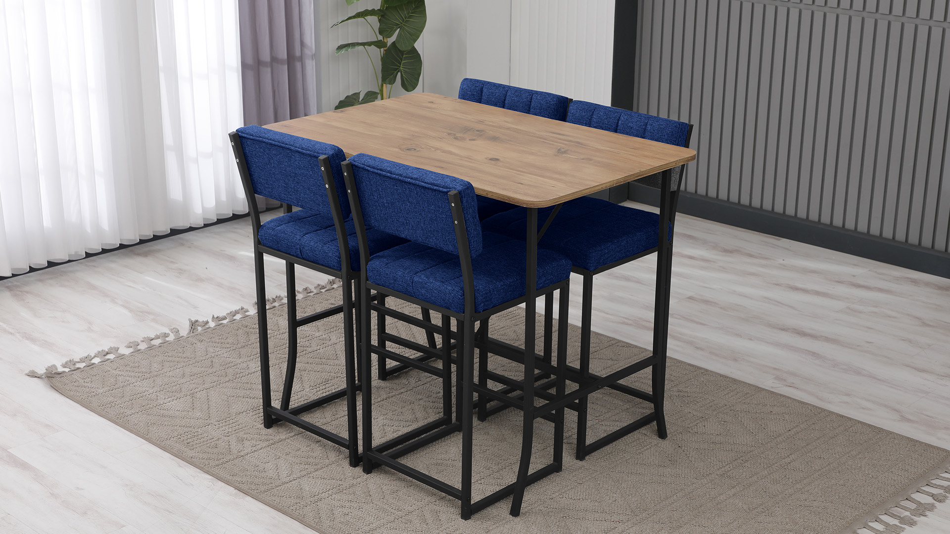 Retro Ada Bar Mutfak Masa Takımı 4 Sandalye Keten Kumaş Lacivert 1 Masa Ceviz