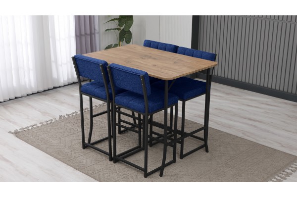 Retro Bar Masa Sandalye Takımı, 4 Sandalye 1  Sabit Masa  110x70 Cm, Keten Kumaş Lacivert