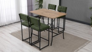 Retro Ada Bar Mutfak Masa Takımı 4 Sandalye Keten Kumaş Yeşil 1 Masa Ceviz