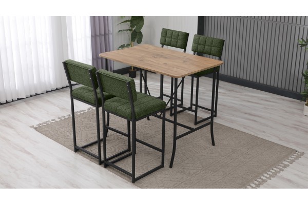 Retro Bar Masa Sandalye Takımı, 4 Sandalye 1  Sabit Masa  110x70 Cm, Keten Kumaş Yeşil