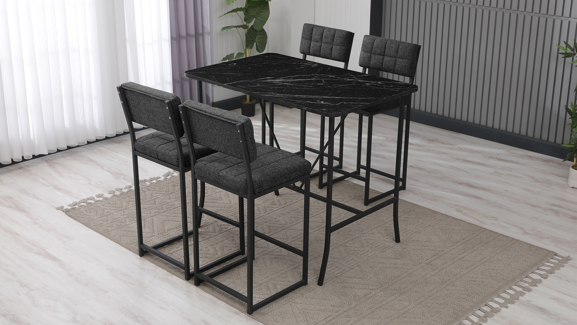 Retro Ada Bar Mutfak Masa Takımı 4 Sandalye Keten Kumaş Füme 1 Masa Siyah Mermer Desenli