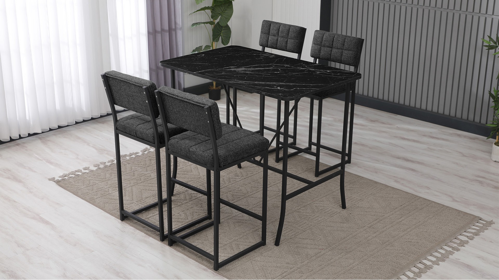 Retro Bar 4 sandalyeli 110x70 cm Siyah mermer desenli Füme mutfak masa takımı
