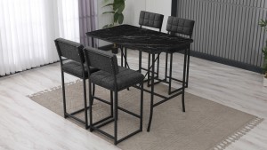 Retro Ada Bar Mutfak Masa Takımı 4 Sandalye Keten Kumaş Füme 1 Masa Siyah Mermer Desenli