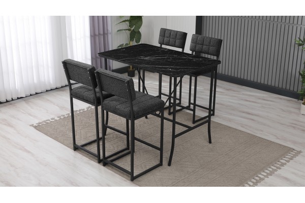 Retro Bar Masa Sandalye Takımı, 4 Sandalye 1  Sabit Masa  110x70 Cm, Siyah Mermer Desenli Keten Kumaş Füme