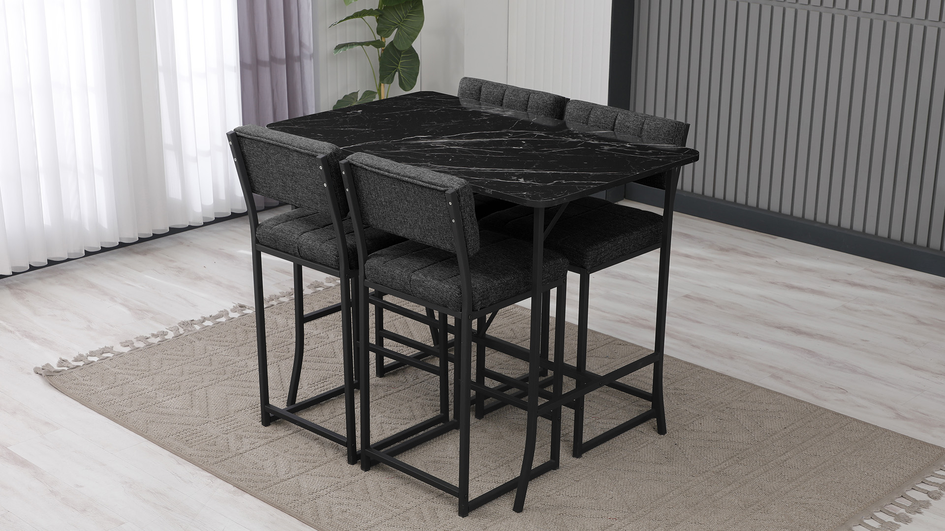 Retro Ada Bar Mutfak Masa Takımı 4 Sandalye Keten Kumaş Füme 1 Masa Siyah Mermer Desenli