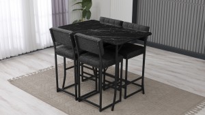 Retro Ada Bar Mutfak Masa Takımı 4 Sandalye Keten Kumaş Füme 1 Masa Siyah Mermer Desenli