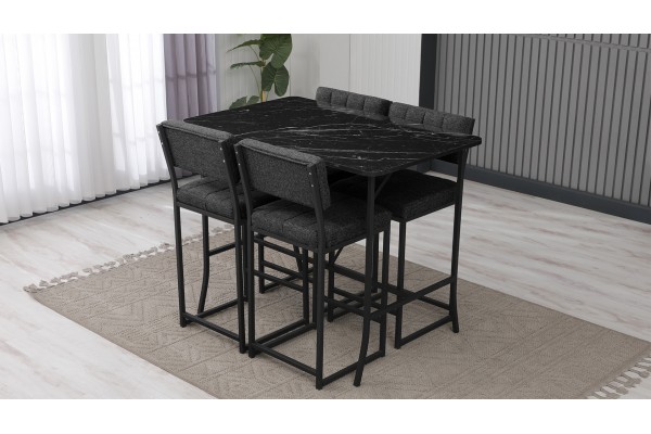 Retro Bar Masa Sandalye Takımı, 4 Sandalye 1  Sabit Masa  110x70 Cm, Siyah Mermer Desenli Keten Kumaş Füme