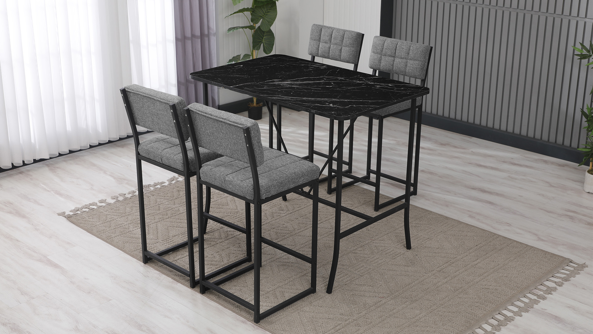 Retro Ada Bar Mutfak Masa Takımı 4 Sandalye Keten Kumaş Gri 1 Masa Siyah Mermer Desenli