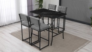 Retro Ada Bar Mutfak Masa Takımı 4 Sandalye Keten Kumaş Gri 1 Masa Siyah Mermer Desenli