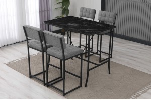 Retro Bar 4 sandalyeli 110x70 cm Siyah mermer desenli Gri mutfak masa takımı