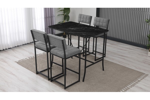 Retro Bar Masa Sandalye Takımı, 4 Sandalye 1  Sabit Masa  110x70 Cm, Siyah Mermer Desenli Keten Kumaş Gri