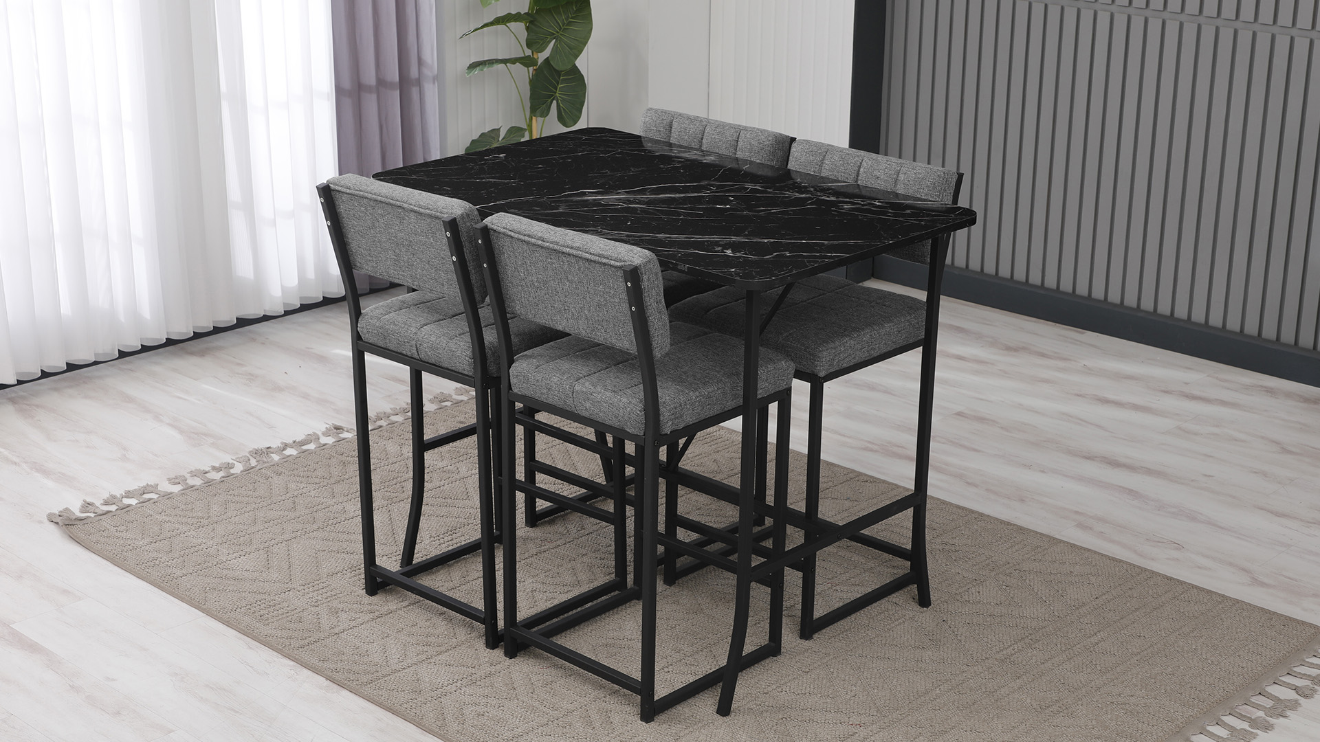 Retro Ada Bar Mutfak Masa Takımı 4 Sandalye Keten Kumaş Gri 1 Masa Siyah Mermer Desenli