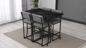 Retro Ada Bar Mutfak Masa Takımı 4 Sandalye Keten Kumaş Gri 1 Masa Siyah Mermer Desenli