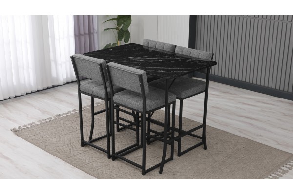 Retro Bar Masa Sandalye Takımı, 4 Sandalye 1  Sabit Masa  110x70 Cm, Siyah Mermer Desenli Keten Kumaş Gri