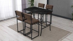 Retro Ada Bar Mutfak Masa Takımı 4 Sandalye Keten Kumaş Kahve 1 Masa Siyah Mermer Desenli