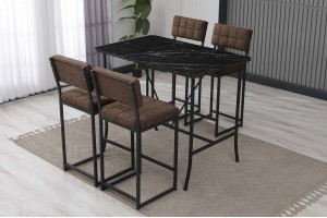 Retro Bar 4 sandalyeli 110x70 cm Siyah mermer desenli Kahve mutfak masa takımı