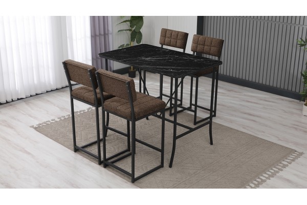 Retro Bar Masa Sandalye Takımı, 4 Sandalye 1  Sabit Masa  110x70 Cm, Siyah Mermer Desenli Keten Kumaş Kahve