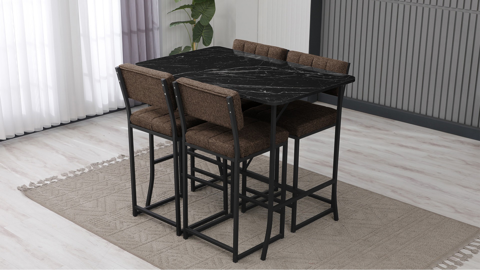 Retro Bar 4 sandalyeli 110x70 cm Siyah mermer desenli Kahve mutfak masa takımı