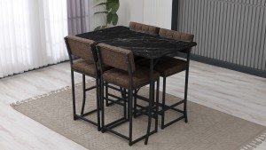 Retro Ada Bar Mutfak Masa Takımı 4 Sandalye Keten Kumaş Kahve 1 Masa Siyah Mermer Desenli