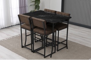 Retro Bar 4 sandalyeli 110x70 cm Siyah mermer desenli Kahve mutfak masa takımı