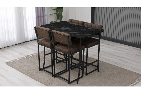 Retro Bar Masa Sandalye Takımı, 4 Sandalye 1  Sabit Masa  110x70 Cm, Siyah Mermer Desenli Keten Kumaş Kahve
