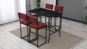 Retro Ada Bar Mutfak Masa Takımı 4 Sandalye Keten Kumaş Bordo 1 Masa Siyah Mermer Desenli
