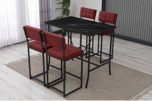 Retro Bar 4 sandalyeli 110x70 cm Siyah mermer desenli Bordo mutfak masa takımı