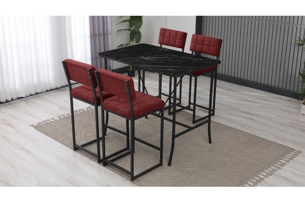 Retro Bar Masa Sandalye Takımı, 4 Sandalye 1  Sabit Masa  110x70 Cm, Siyah Mermer Desenli Keten Kumaş Bordo